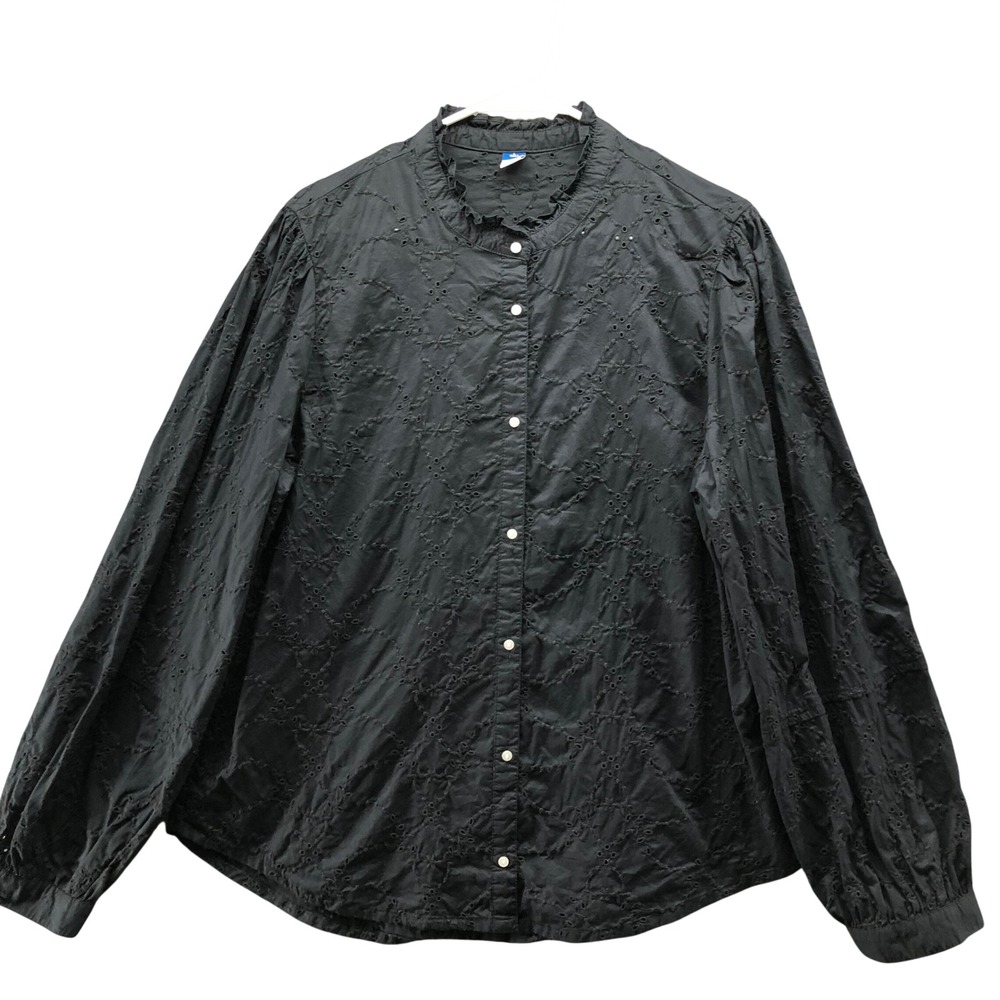 Old Navy Ruffle Neck Eyelet Shirt Womens LT L Tall Black Balloon Sleeve Romantic